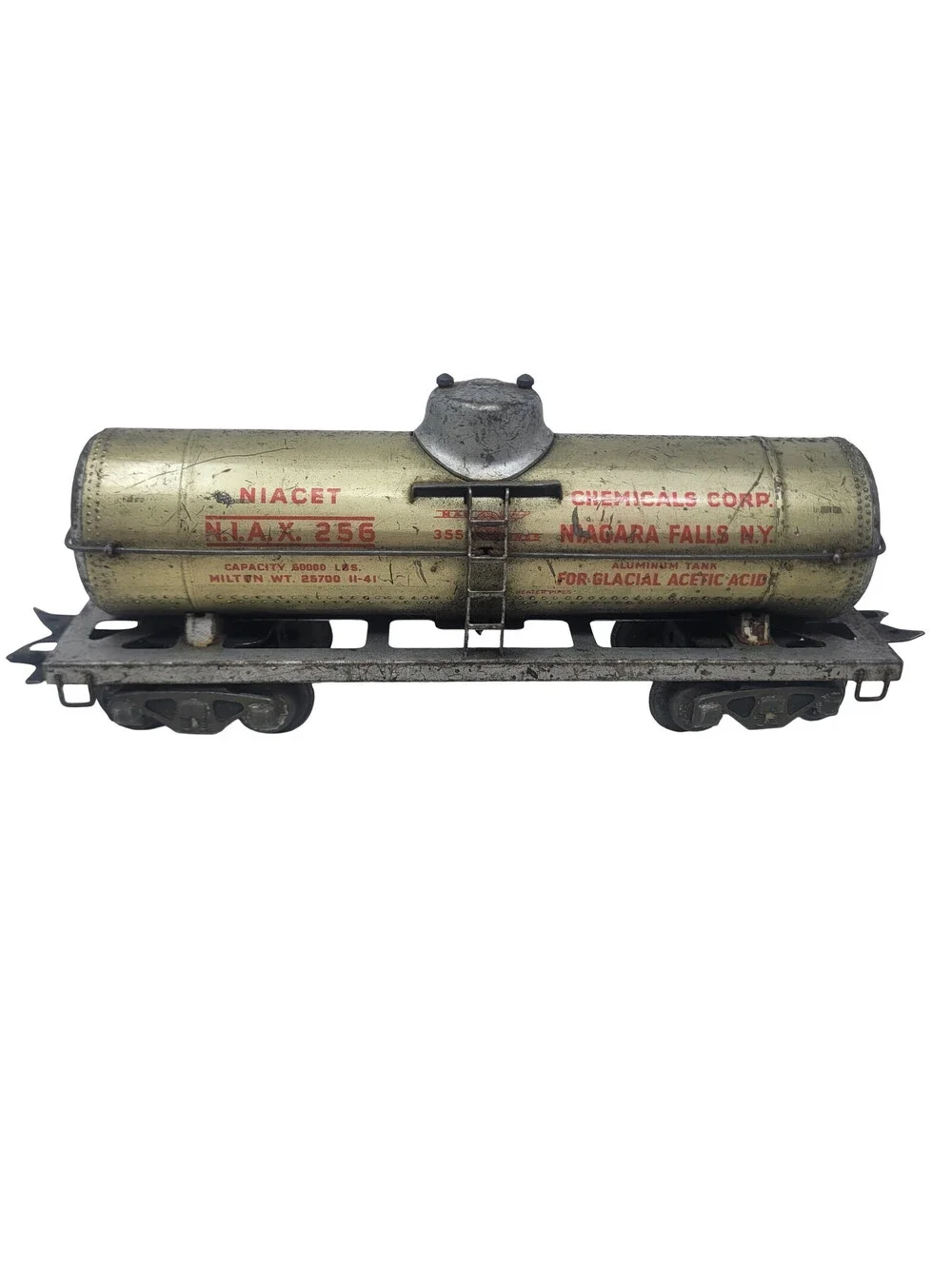Vintage Tin Litho Toy Train Tank Car Niacet Chemicals O Gauge 7in USA Made 1940s